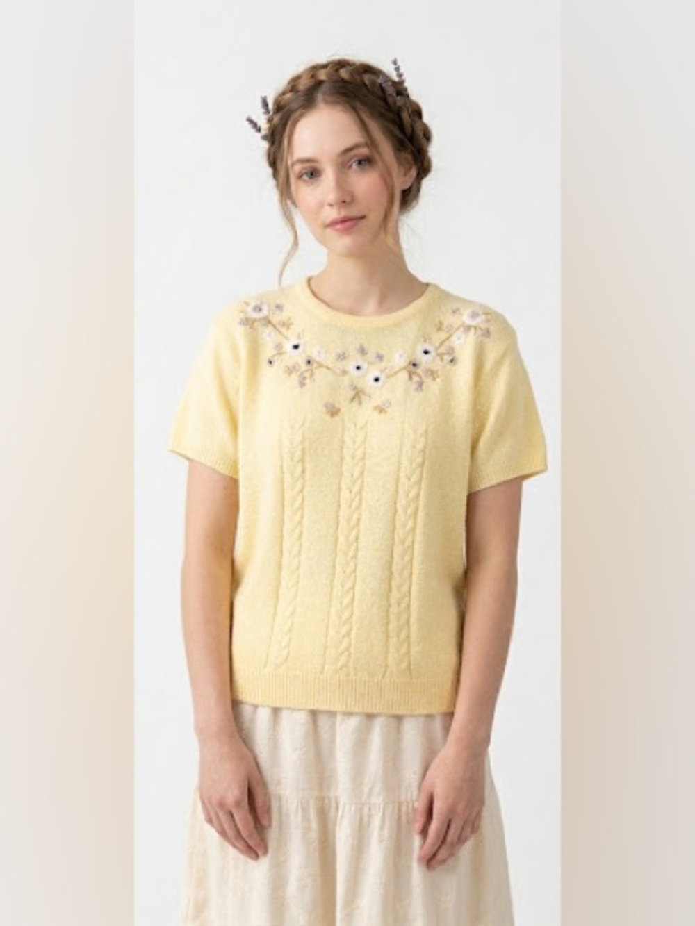 Vintage Cottagecore Butter Yellow Knit Top Floral Embroidered Earthy Grannycore